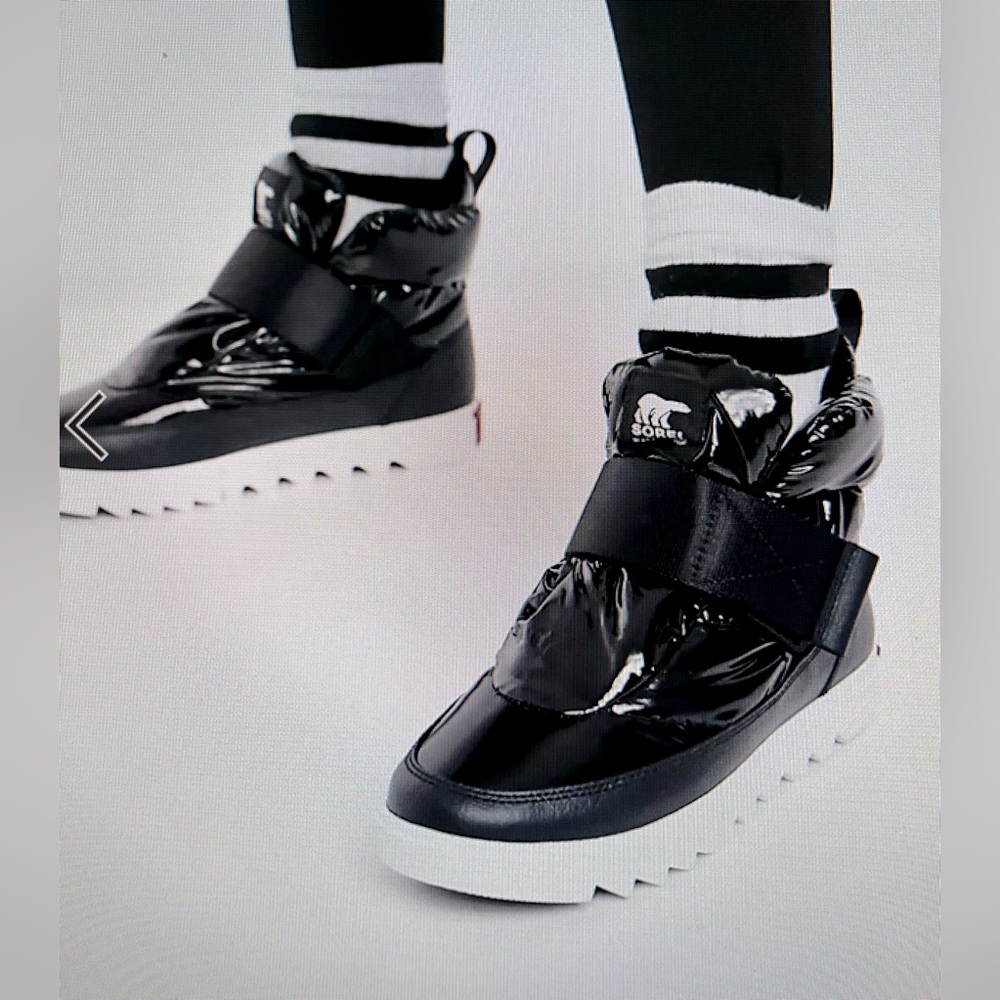 Sorel Joa strap puffy padded ankle boots in black patent